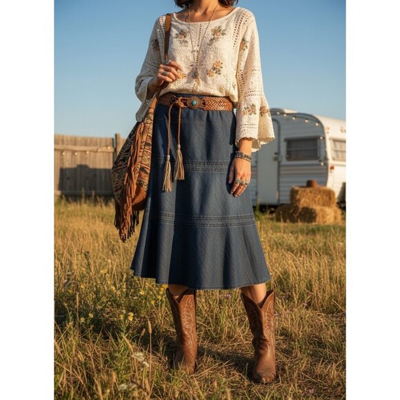 Liz Claiborne A Line Denim Skirt Size 14 Midi Preppy Old Money Academia Boho - Picture 8 of 11